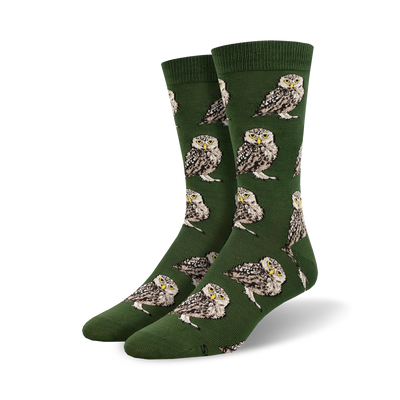 dark forest green, cartoon burrowing owls on branch, mens, crew length, bamboo socks.   