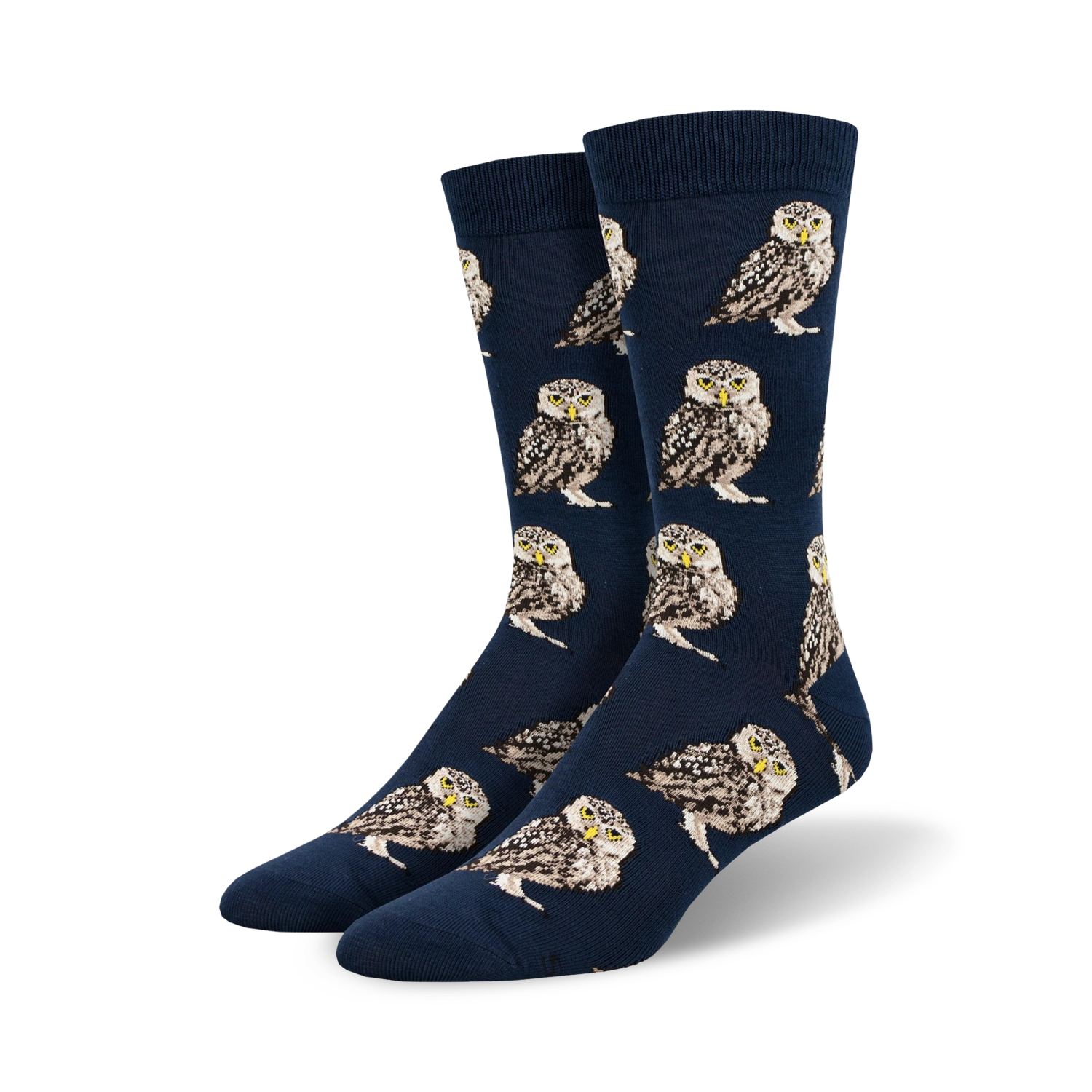 Close-up showing the Burrowing Owl Bamboo socks in navy blue.