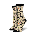 Pair of cream and black leopard print bamboo crew socks.  Features pops of pink and yellow in the print. 