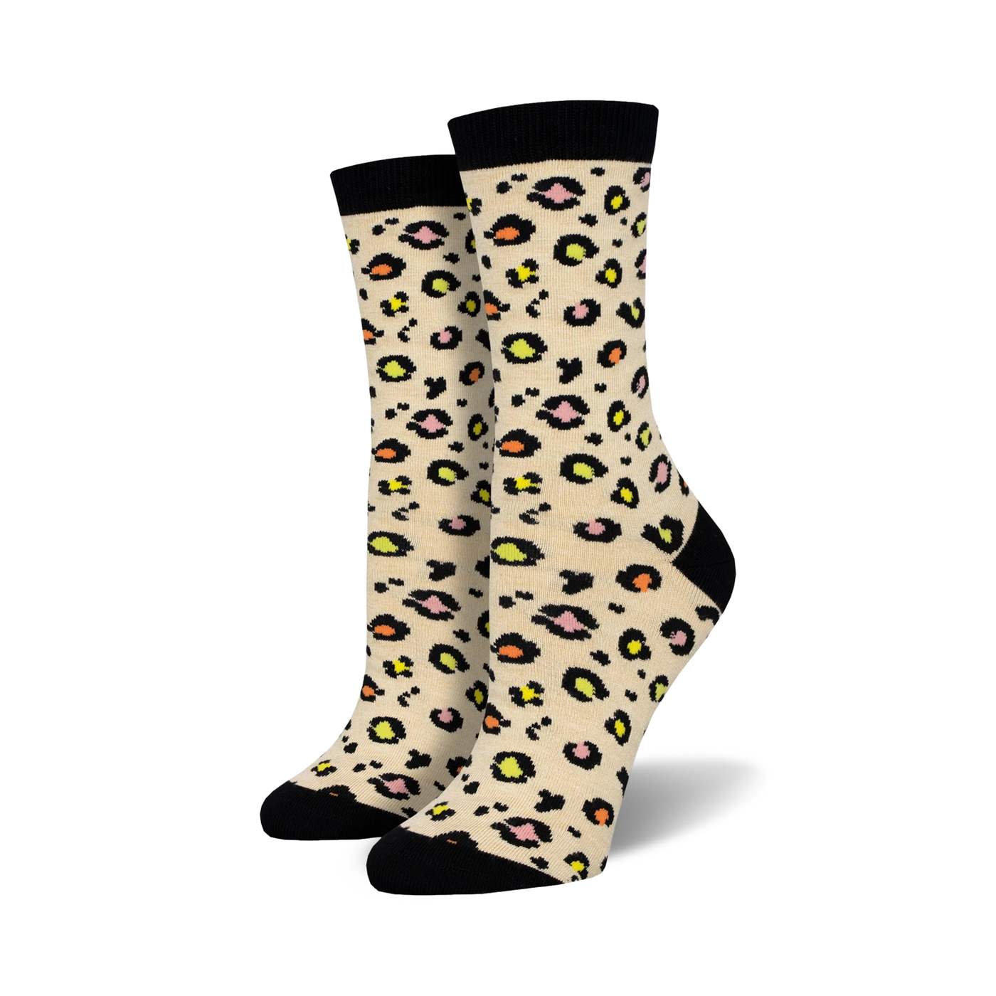 Pair of cream and black leopard print bamboo crew socks.  Features pops of pink and yellow in the print. 