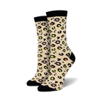 Pair of cream and black leopard print bamboo crew socks.  Features pops of pink and yellow in the print. 