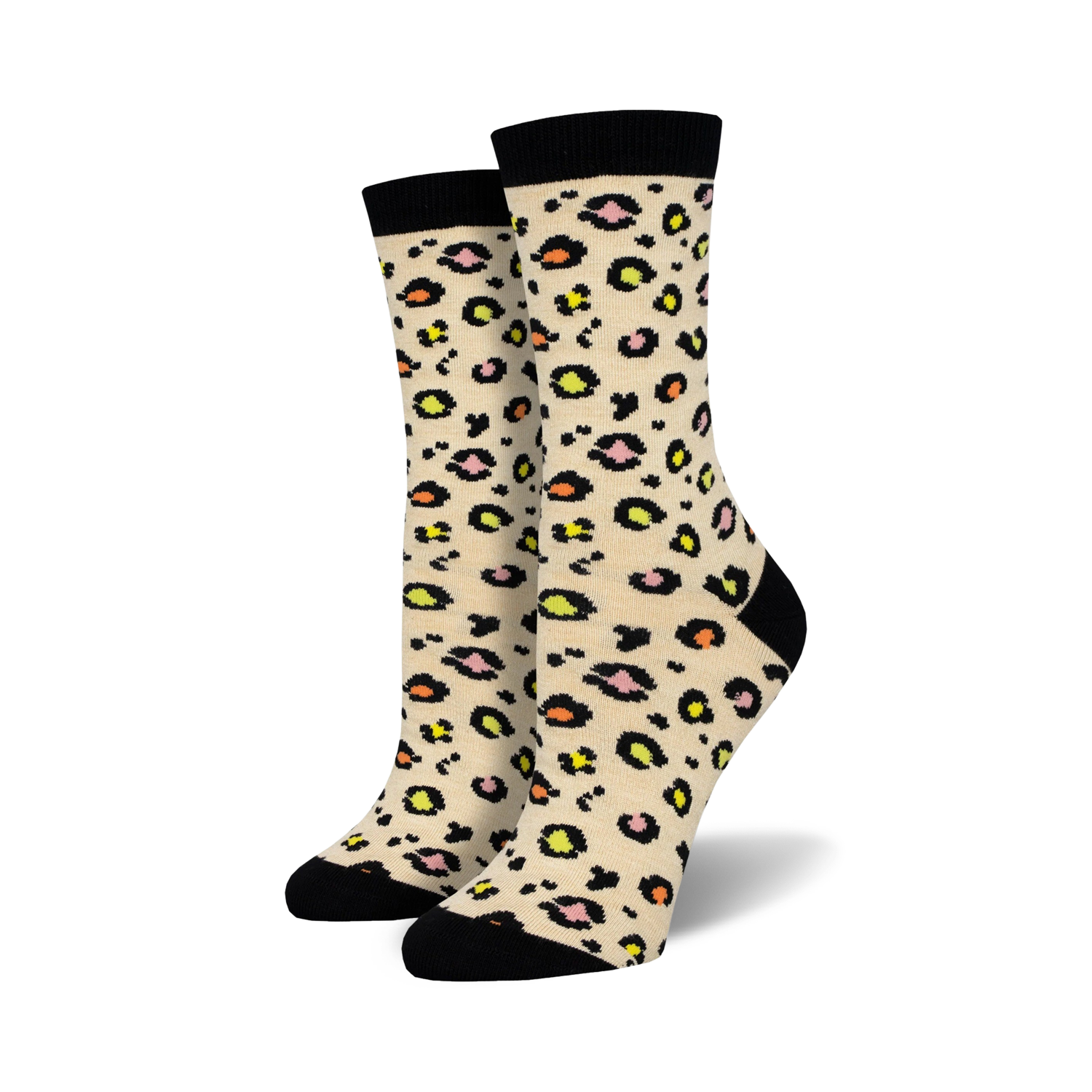 Pair of cream and black leopard print bamboo crew socks.  Features pops of pink and yellow in the print. 