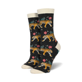 Pair of women's crew socks. Dark background with orange tigers and pink flowers.  Cream-colored cuffs.