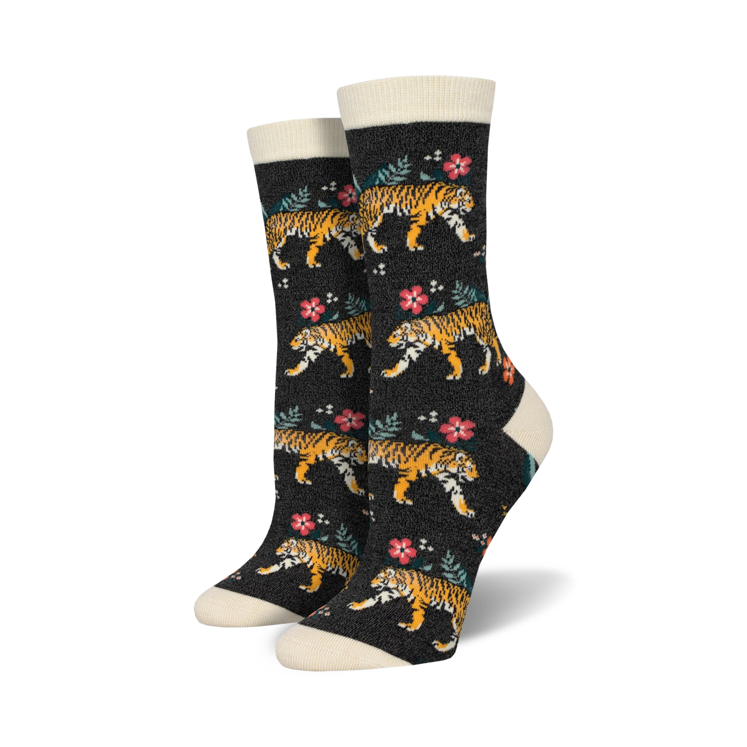 Pair of women's crew socks. Dark background with orange tigers and pink flowers.  Cream-colored cuffs.
