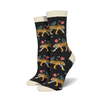 tiger floral bamboo tiger themed womens grey novelty crew socks