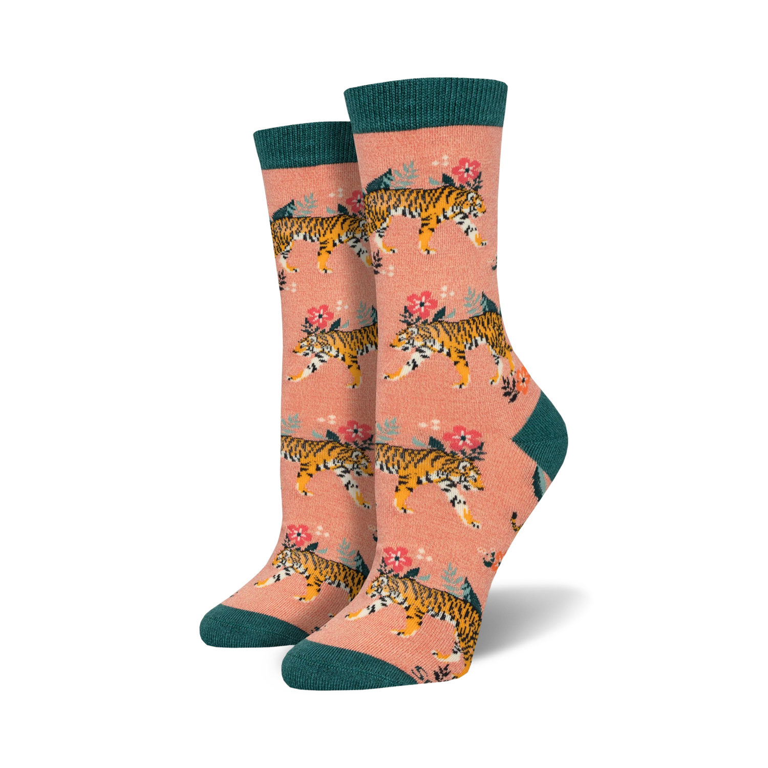 Lifestyle shot of a woman's feet wearing peach-colored Tiger Floral Bamboo socks with teal cuffs.