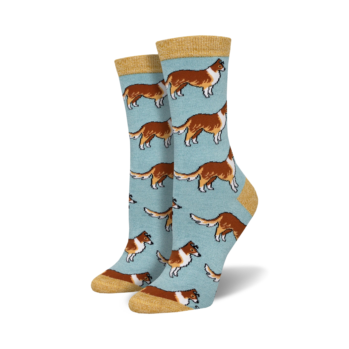 Pair of women's crew socks. Light blue background with repeating pattern of brown and white Collie dogs. Mustard yellow cuff.