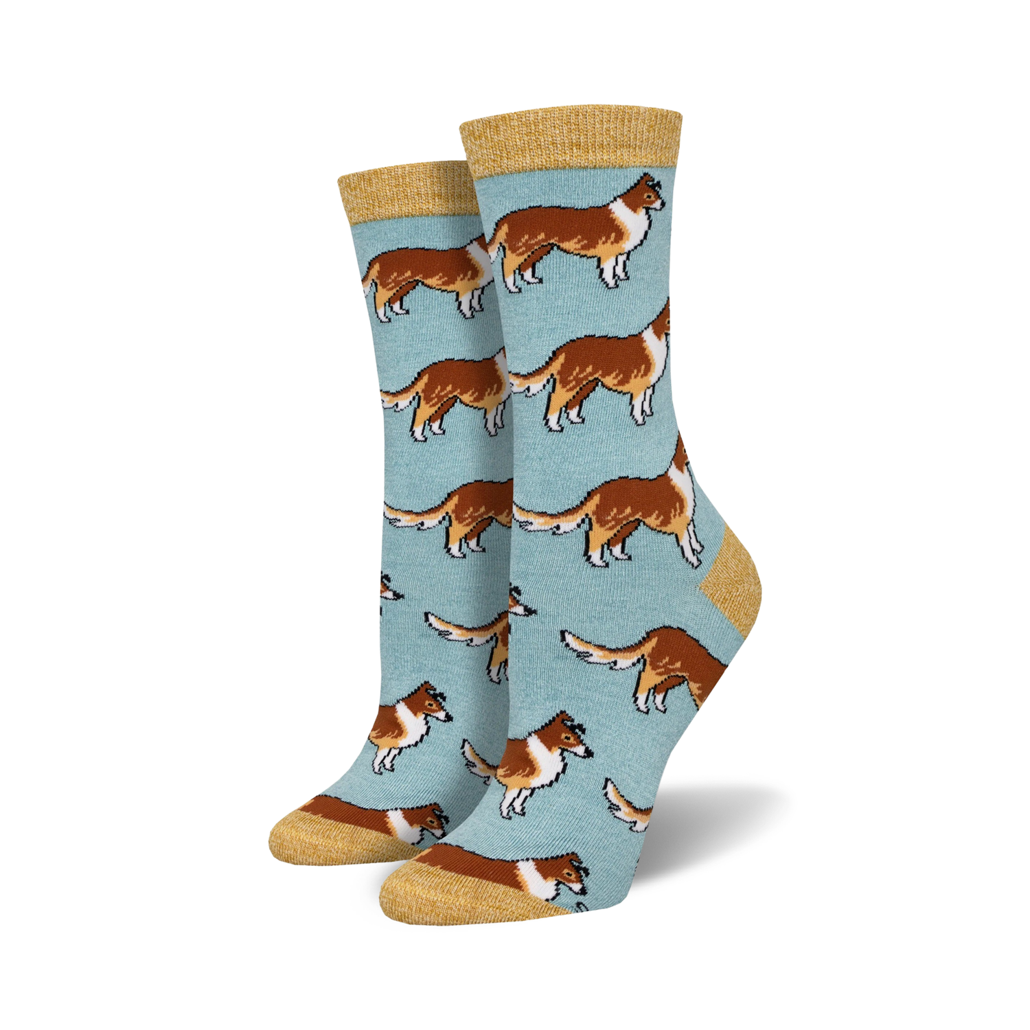 Pair of women's crew socks. Light blue background with repeating pattern of brown and white Collie dogs. Mustard yellow cuff.