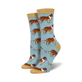 blue crew socks with a pattern of brown and white collies for women.  