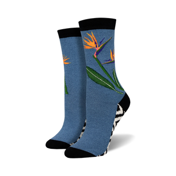 blue crew socks with allover orange, yellow, green floral print. black toe and heel with white geometric shapes on heel.  
