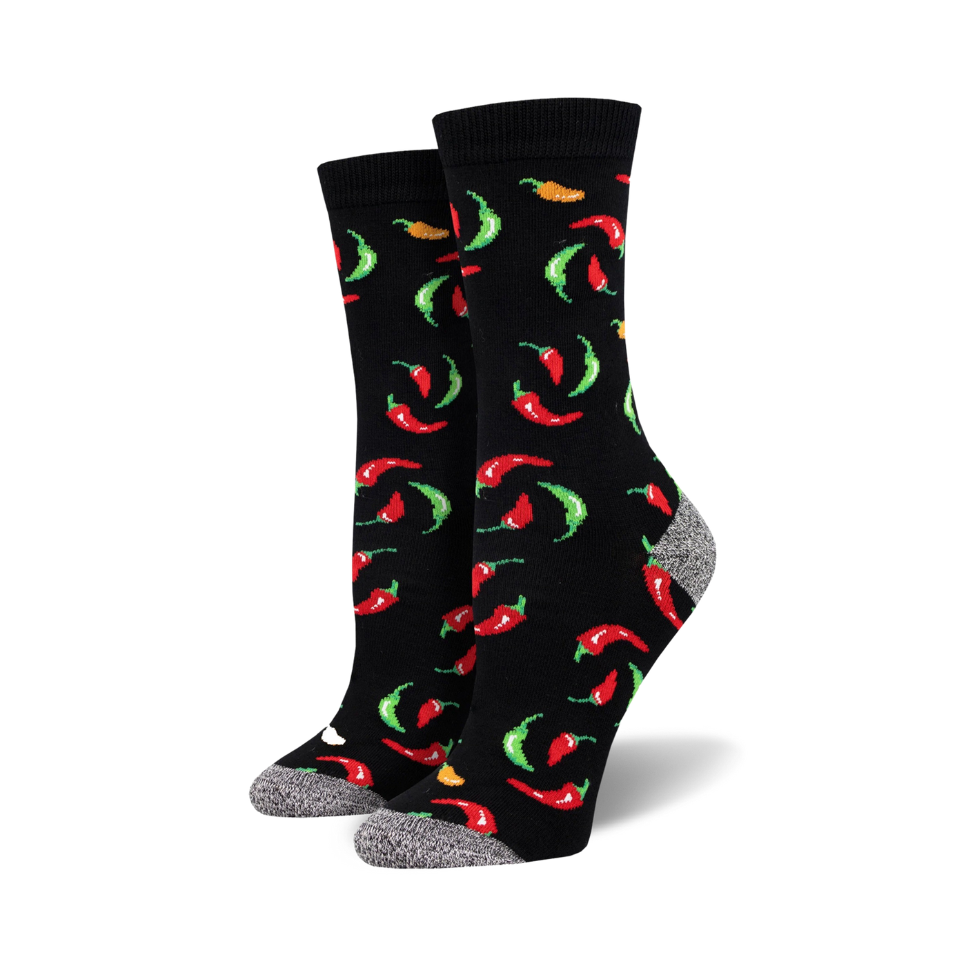 Pair of black crew socks with a fun pattern of red, green, and orange chili peppers.  The socks have a gray reinforced heel and toe.