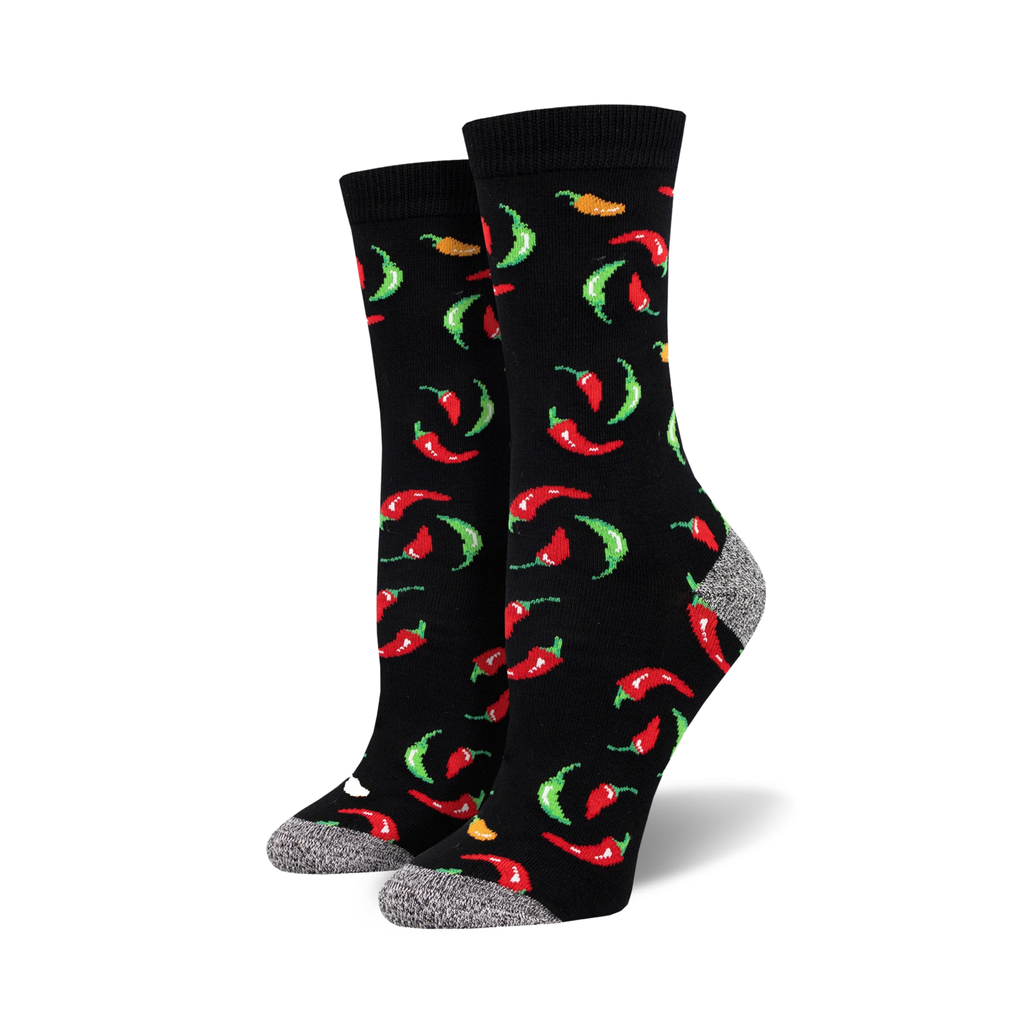 Pair of black crew socks with a fun pattern of red, green, and orange chili peppers.  The socks have a gray reinforced heel and toe.
