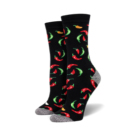 womens black crew socks with red, green and yellow chili pepper design.   
