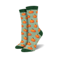 Pair of women's crew socks. Sage green background with a repeating pattern of orange pumpkins. Green cuff.