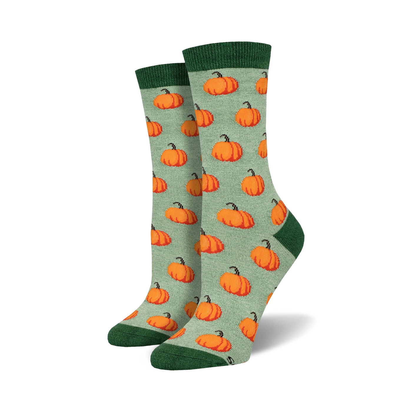 Pair of women's crew socks. Sage green background with a repeating pattern of orange pumpkins. Green cuff.
