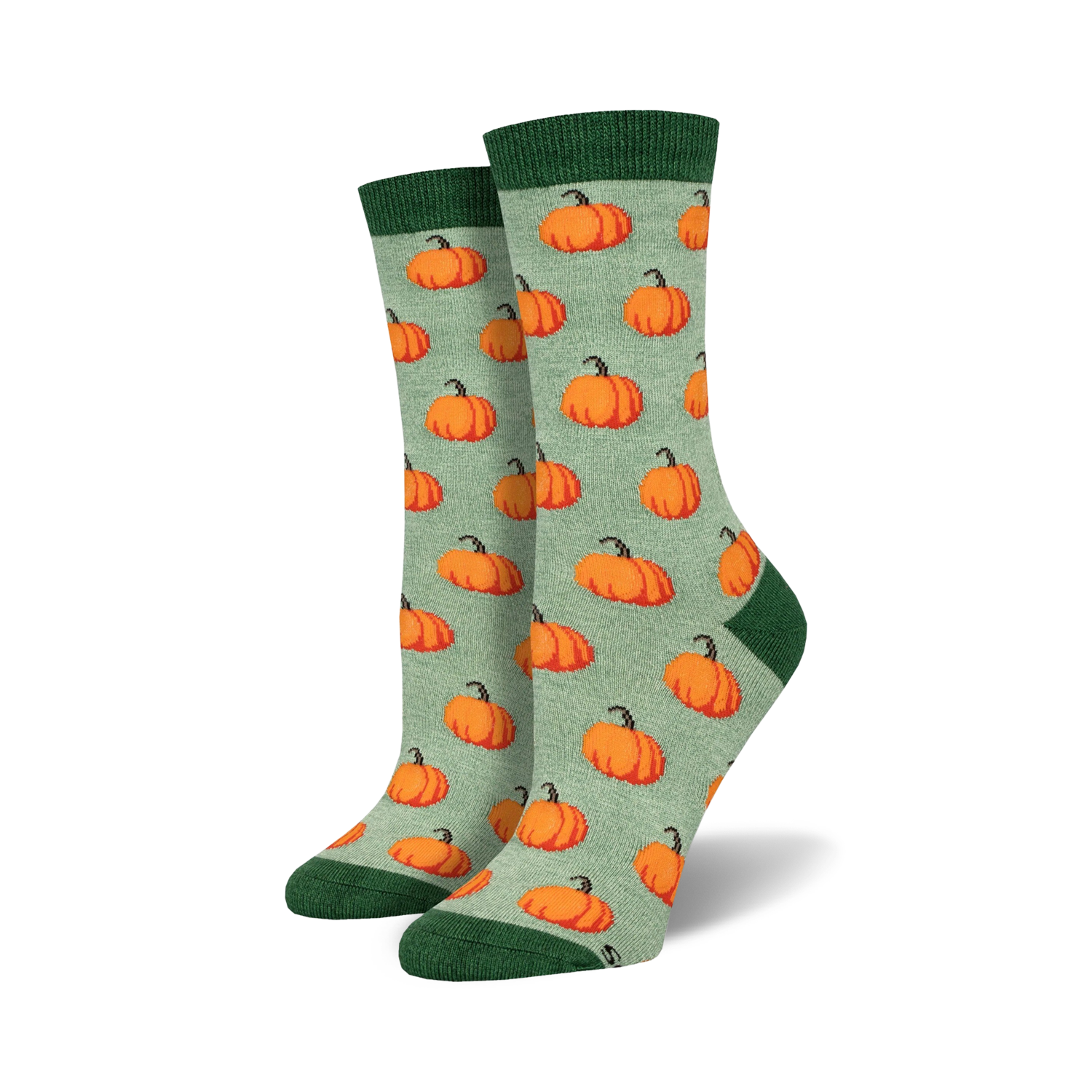 Pair of women's crew socks. Sage green background with a repeating pattern of orange pumpkins. Green cuff.