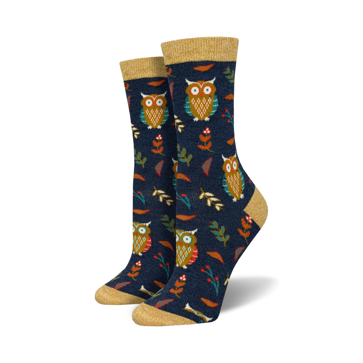 Pair of women's crew socks. Dark blue background with repeating pattern of owls, leaves, and berries. Gold top trim.