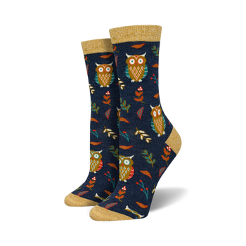 dark blue crew socks with gold toe and heel for women featuring a colorful owl, leaf, and flower pattern to jazz up your feet.  
