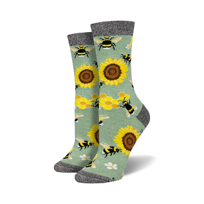women's crew socks with bees, sunflowers, and honeycomb pattern. green, yellow, black, gray colors.  