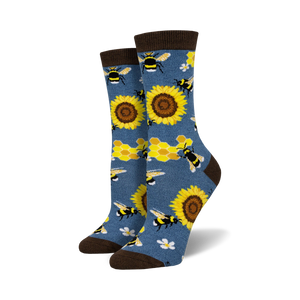 women's crew socks with sunflower, bee, and hexagon pattern.   
