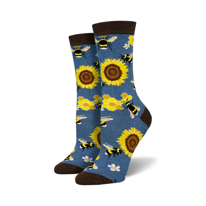 women's crew socks with sunflower, bee, and hexagon pattern.   