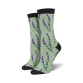 Pair of women's crew socks. Pale green background with purple lavender sprigs. Dark grey cuff.