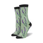 Pair of women's crew socks. Pale green background with purple lavender sprigs. Dark grey cuff.