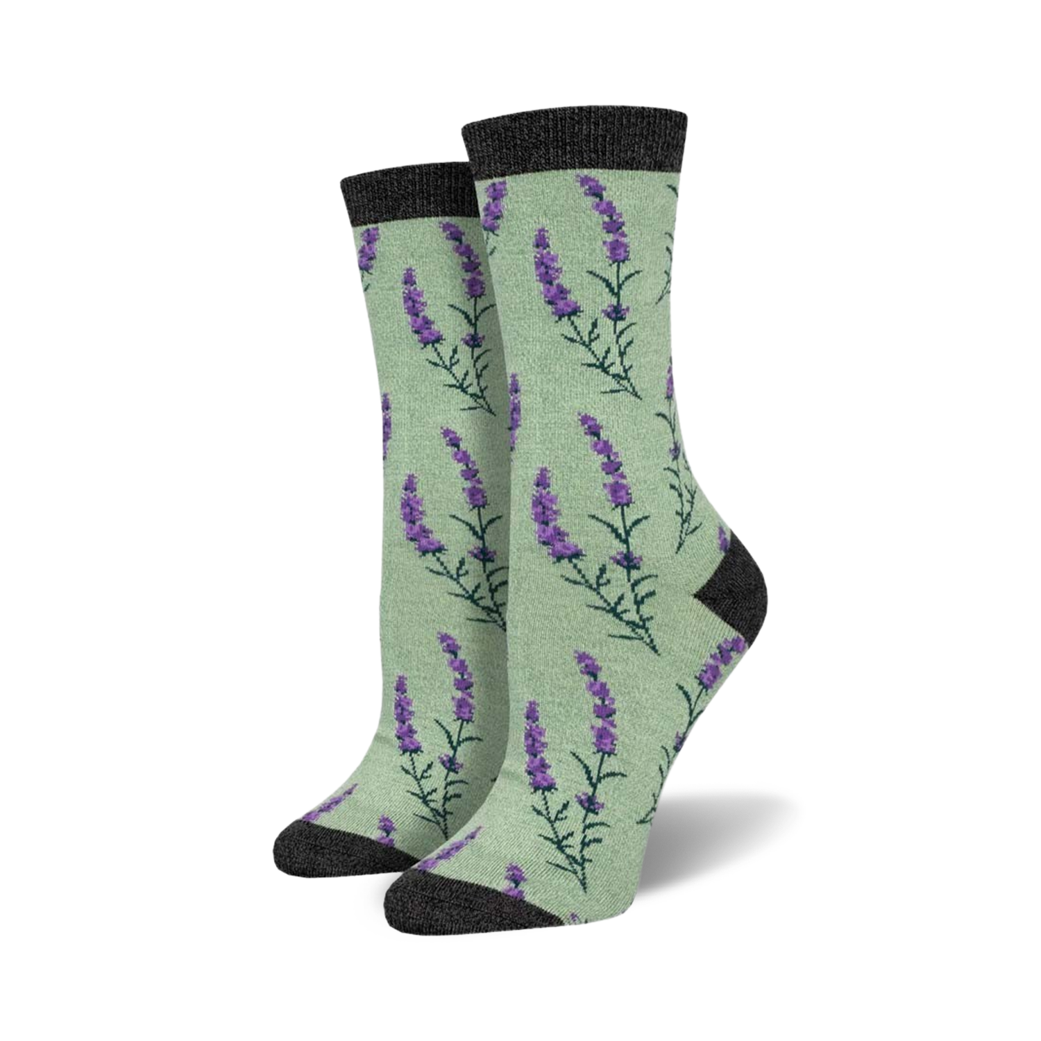 Pair of women's crew socks. Pale green background with purple lavender sprigs. Dark grey cuff.
