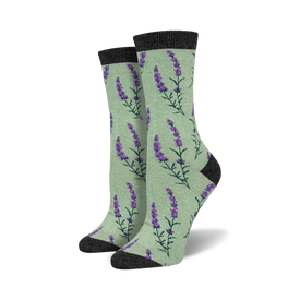 women's lovely lavender bamboo socks in crew length, featuring a light green background with purple lavender flowers, green stems and leaves, and a dark gray top. 