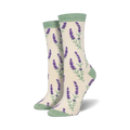 Close-up view of a pair of cream-colored crew socks with purple lavender sprigs. Light green cuffs.