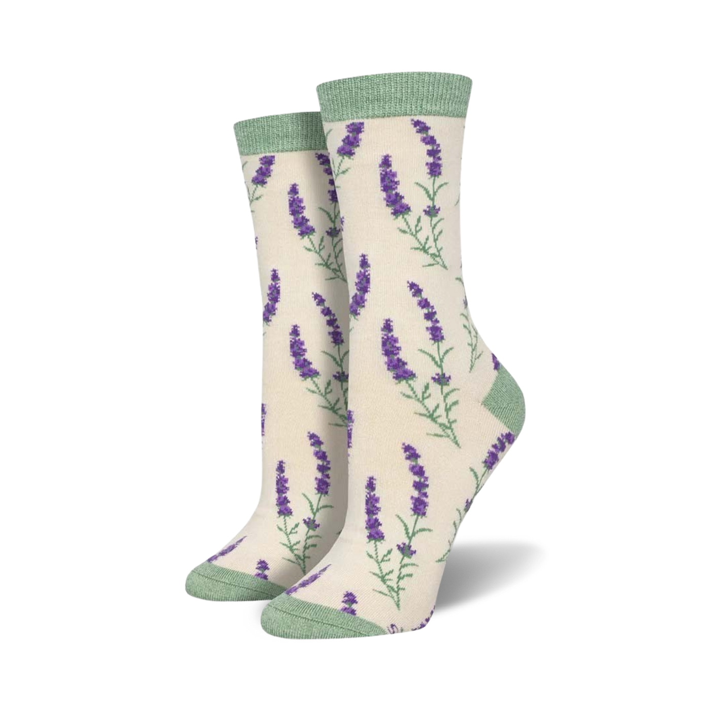 Close-up view of a pair of cream-colored crew socks with purple lavender sprigs. Light green cuffs.