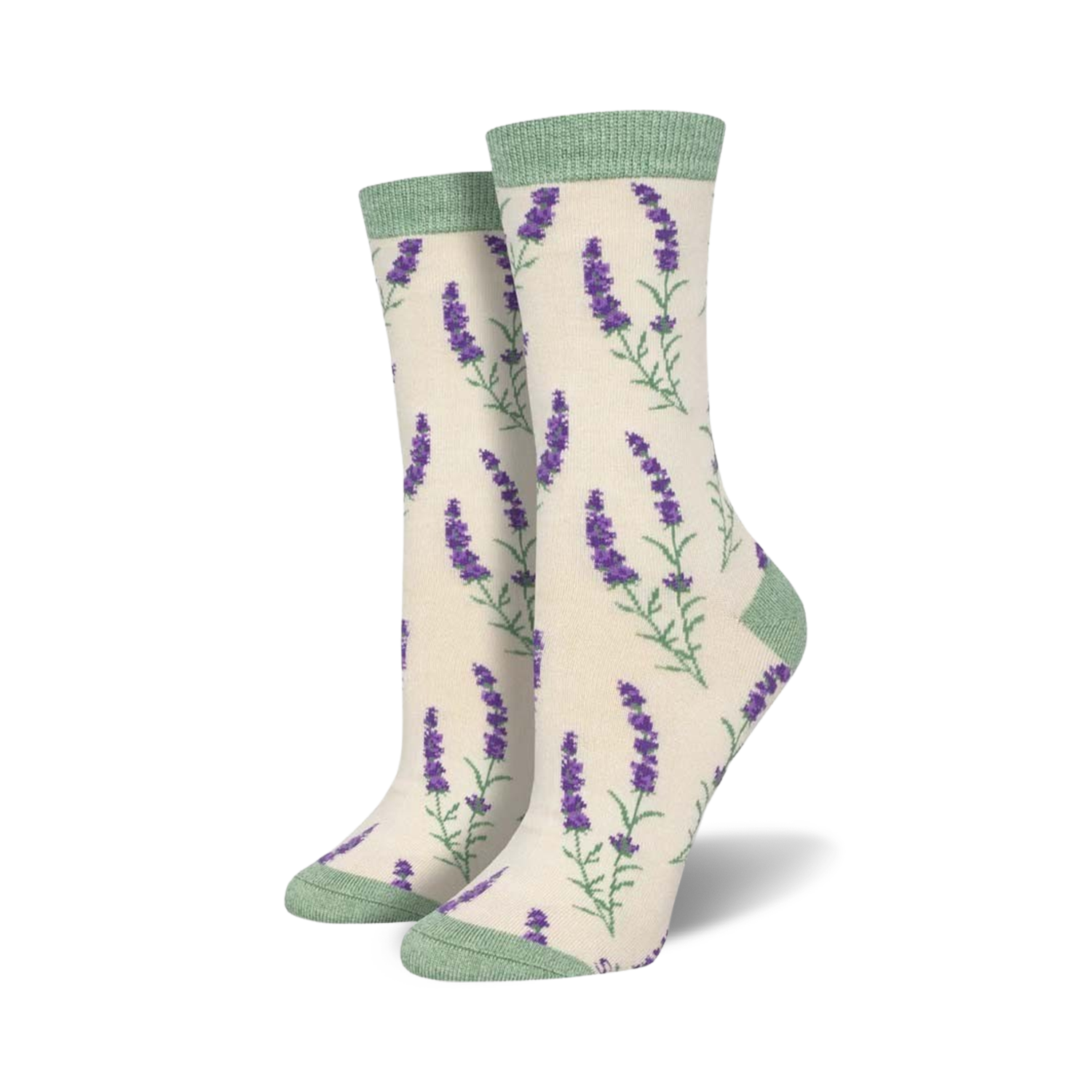 Close-up view of a pair of cream-colored crew socks with purple lavender sprigs. Light green cuffs.