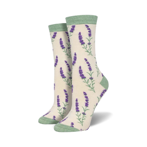 lavender flower pattern crew socks in purple and green for women.  