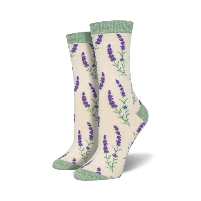 lavender flower pattern crew socks in purple and green for women.  