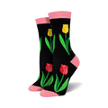 Pair of women's crew socks. Black background with red, yellow tulips and green leaves. Pink top trim.