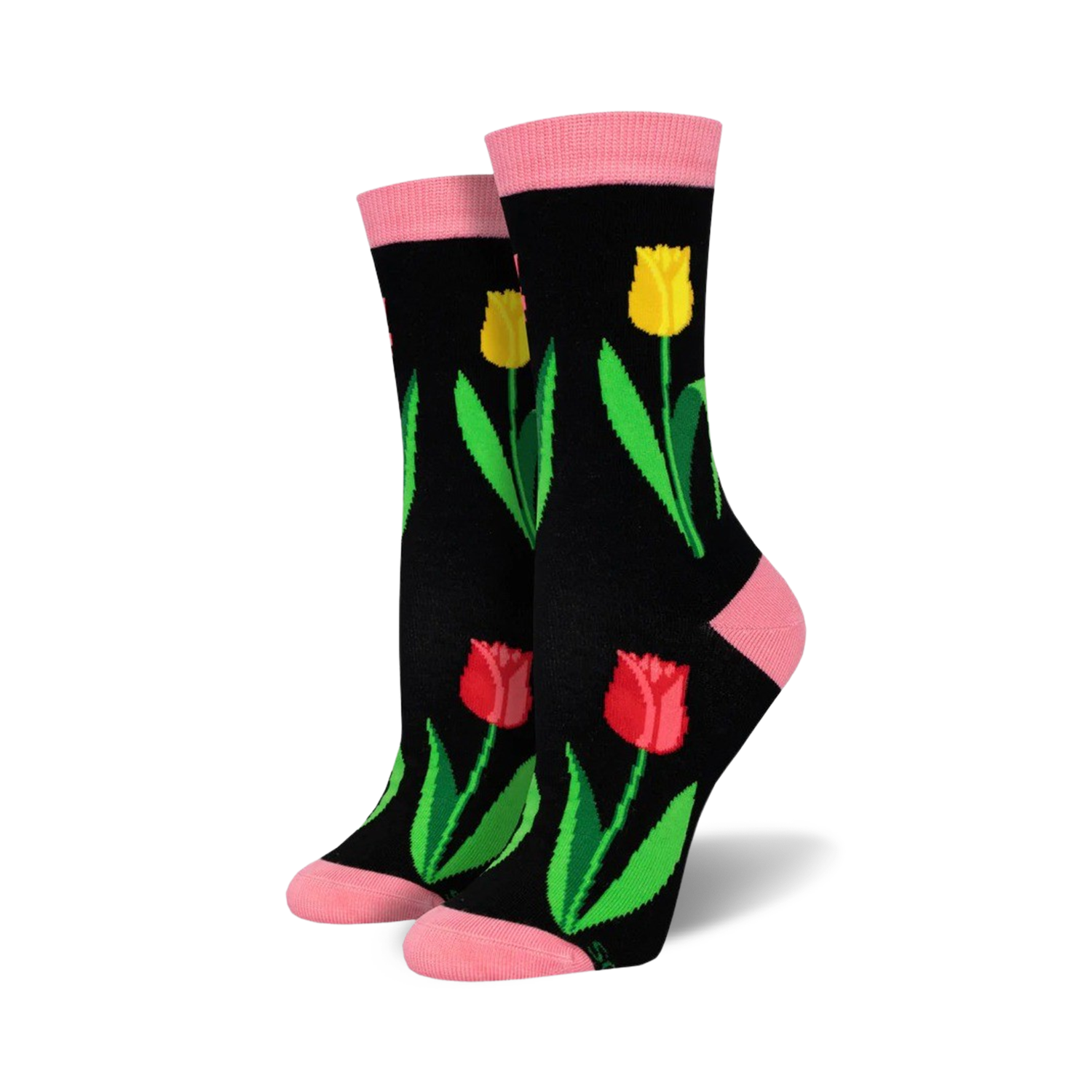 Pair of women's crew socks. Black background with red, yellow tulips and green leaves. Pink top trim.