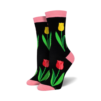 black crew socks with colorful tulips pattern, pink toes and heels.   