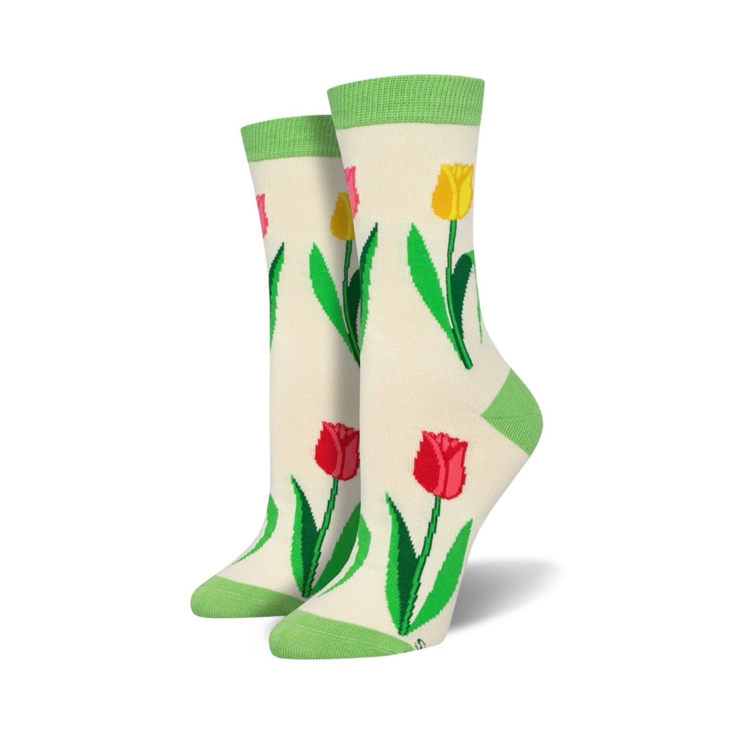 Close-up view of a pair of cream-colored Spring Tulip Bamboo socks with light green top trim.
