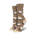 Pair of brown crew socks with a pattern of white coffee cups containing coffee or tea.  Cream-colored soles.