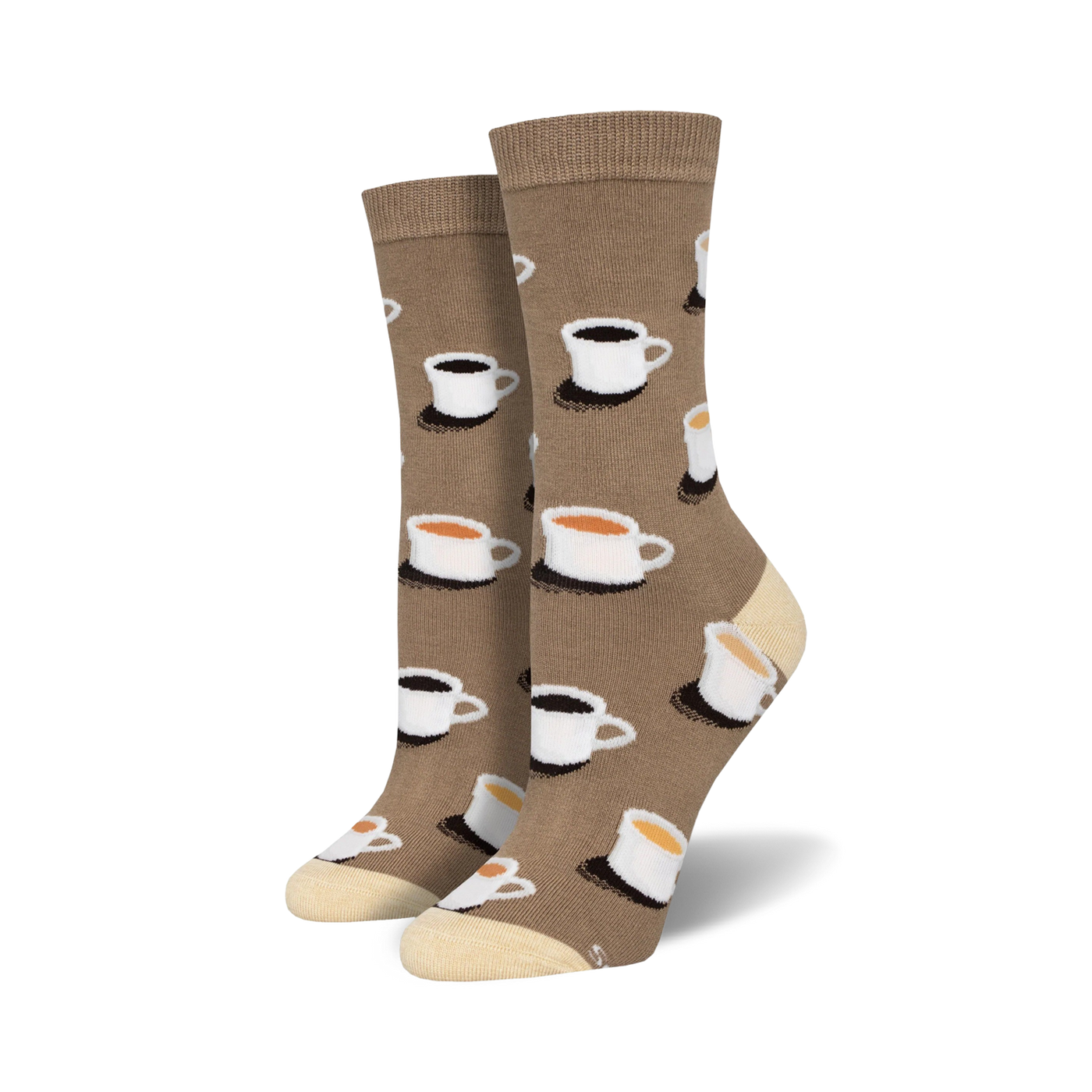 Pair of brown crew socks with a pattern of white coffee cups containing coffee or tea.  Cream-colored soles.