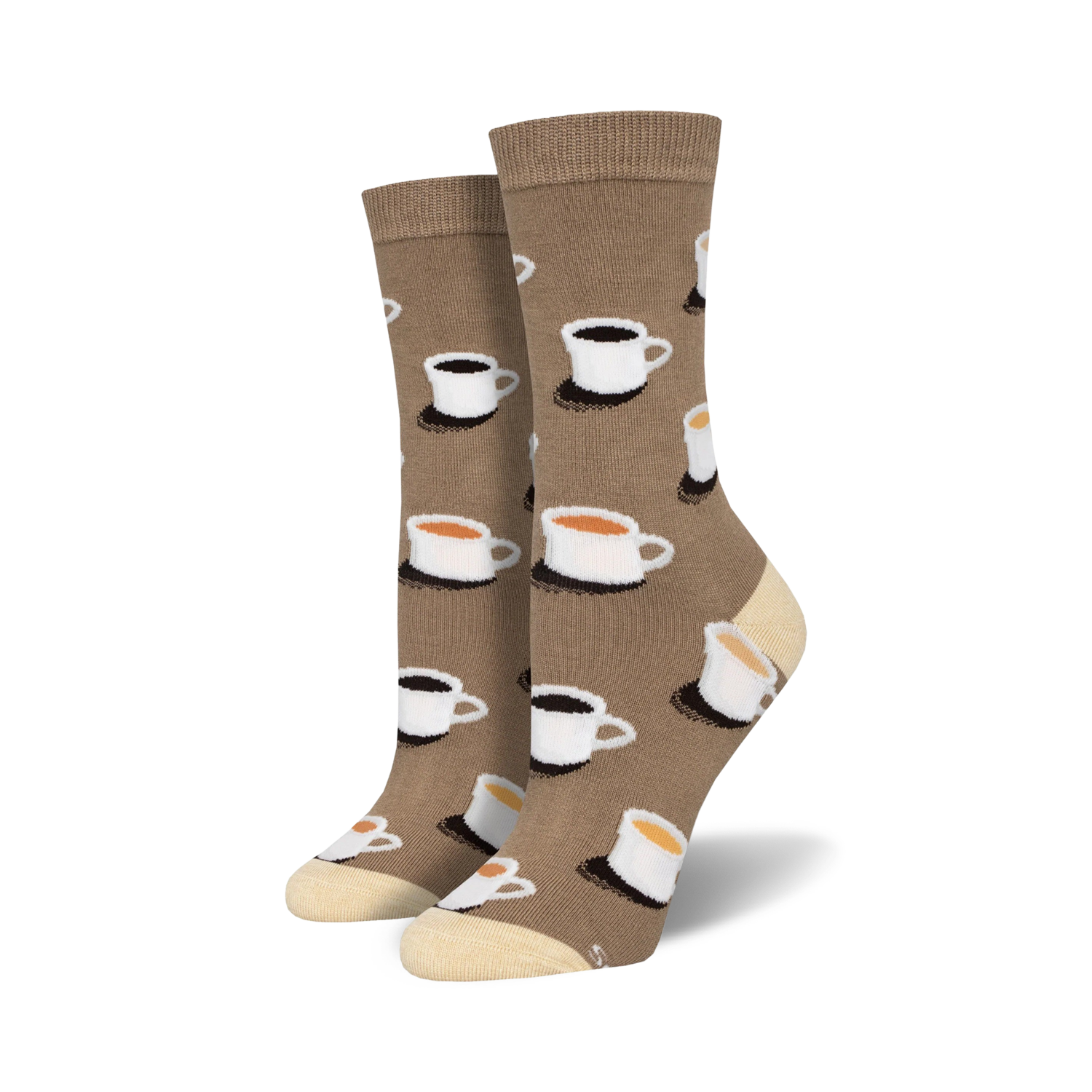 Pair of brown crew socks with a pattern of white coffee cups containing coffee or tea.  Cream-colored soles.