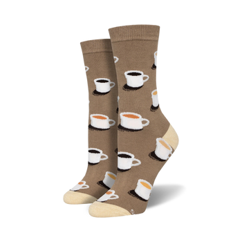 brown crew socks with white coffee cups in varying shades of brown. made with bamboo.  