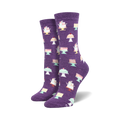 Pair of purple crew socks adorned with a repeating pattern of pastel-colored cakes on stands.