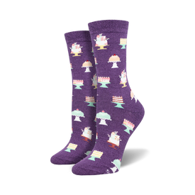 purple crew socks with cartoon cakes on white cake stands   