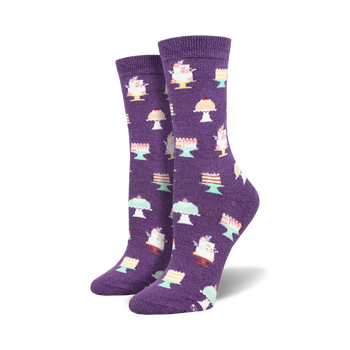 purple crew socks with cartoon cakes on white cake stands   