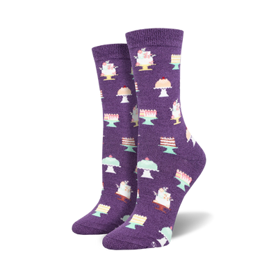 purple crew socks with cartoon cakes on white cake stands   