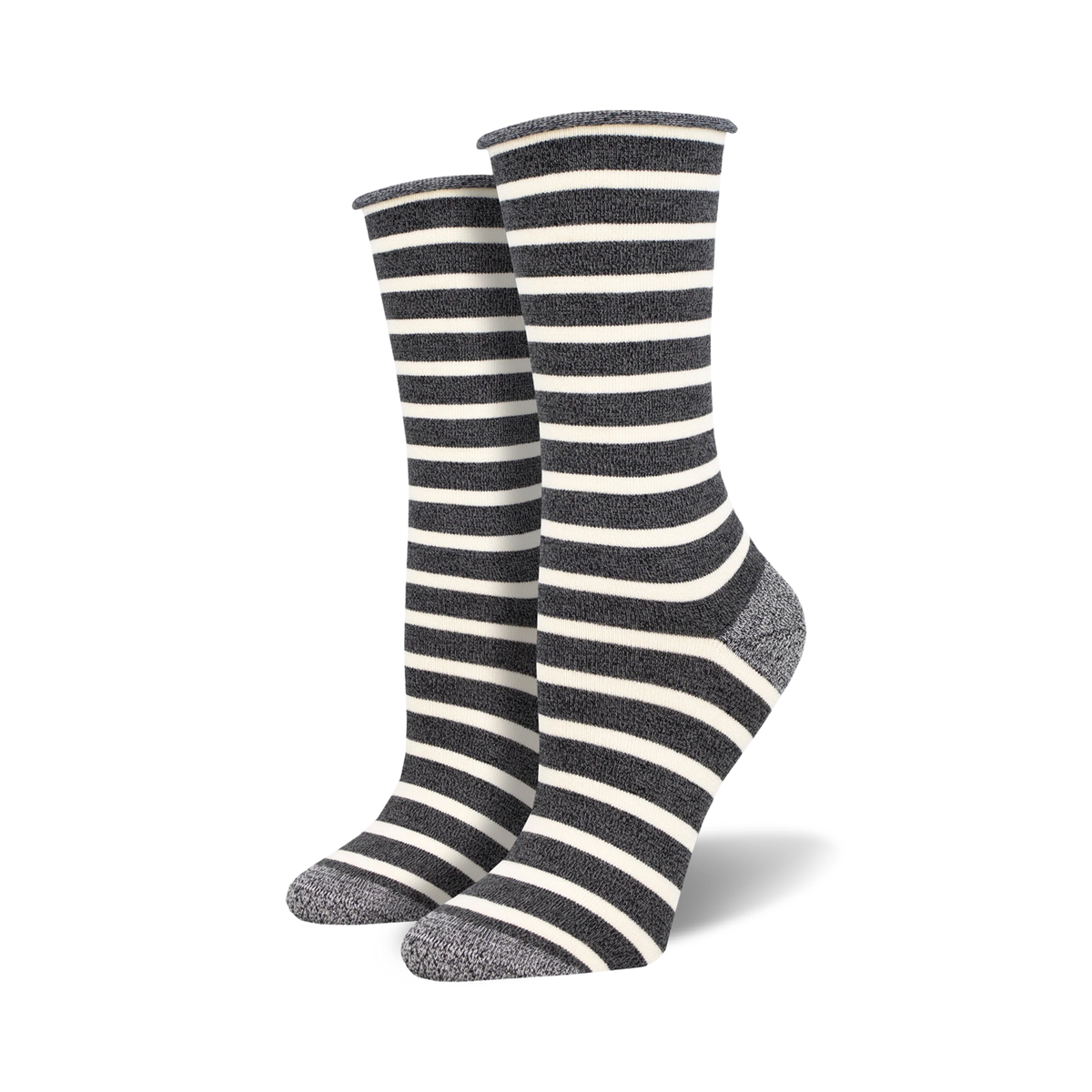 Two dark grey and white striped socks with light grey heels and toes on foot mannequins.
