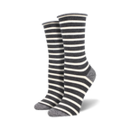 Two dark grey and white striped socks with light grey heels and toes on foot mannequins.