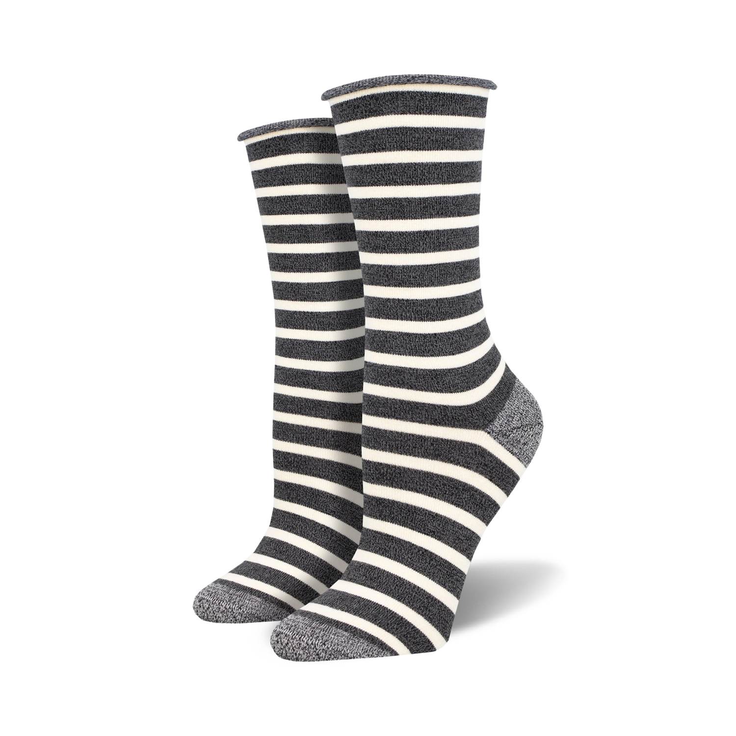 Two dark grey and white striped socks with light grey heels and toes on foot mannequins.