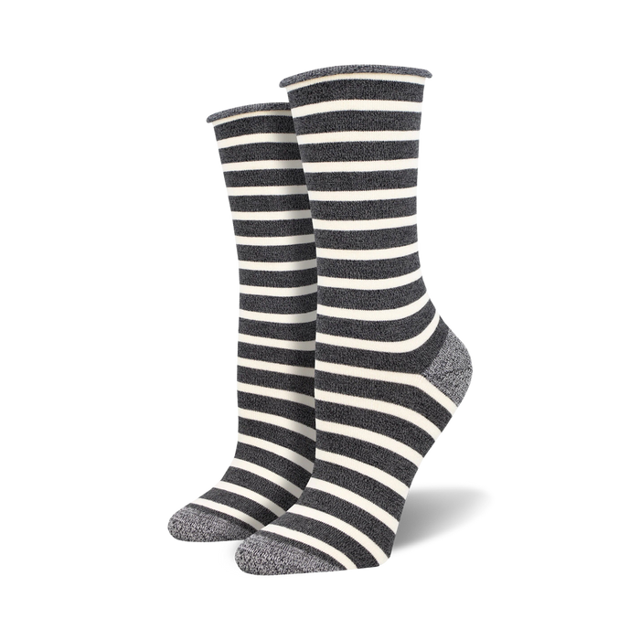 Pair of grey and off-white horizontally striped crew socks with heathered grey heels, toes, and cuffs.